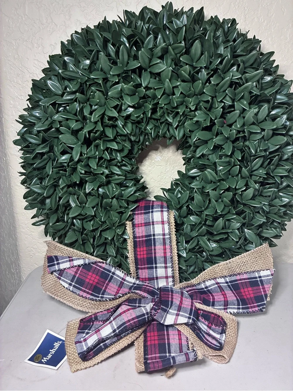 Marshalls Green Boxwood Wreath with Red and Navy Plaid Burlap Bow